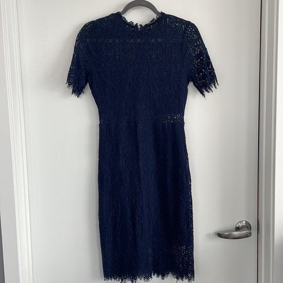 Remarkable Navy Blue Sheer Lace Short Sleeve Mini Dress - Picture 2 of 2